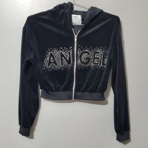 Rue21 Black Velour Cropped Hoodie with Rhinestone Angel Design Size Small
